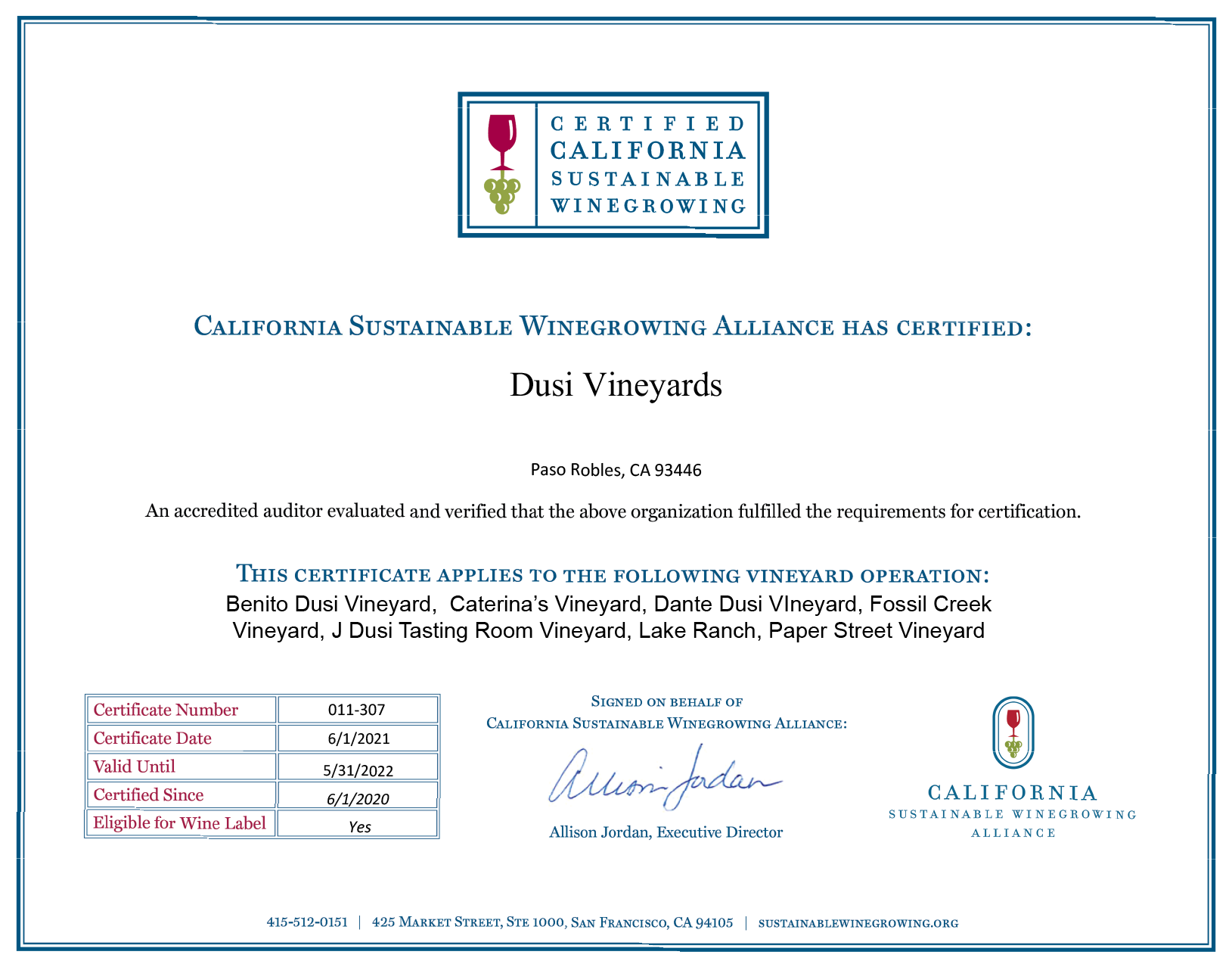 California Sustainable Winegrowing Alliance Certificate